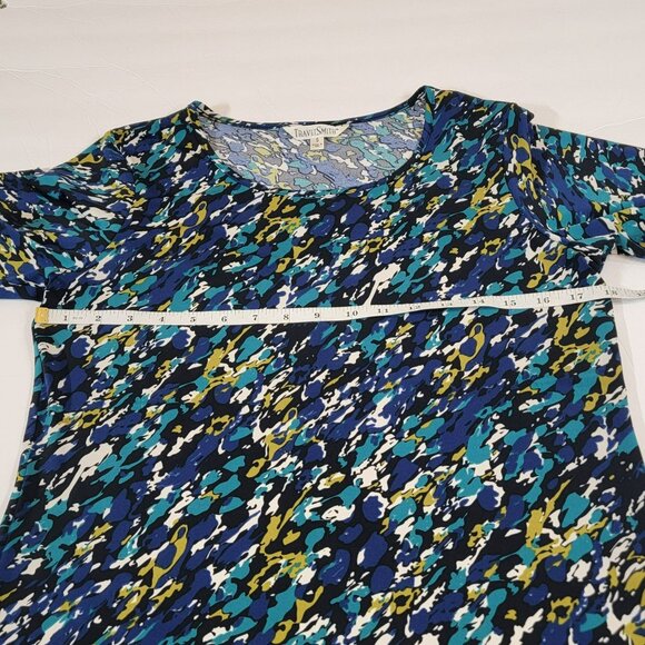 Travel Smith Top, Women S, Blue, Tan, Black Abstract Print, SS, Polyester, EUC - Picture 9 of 12